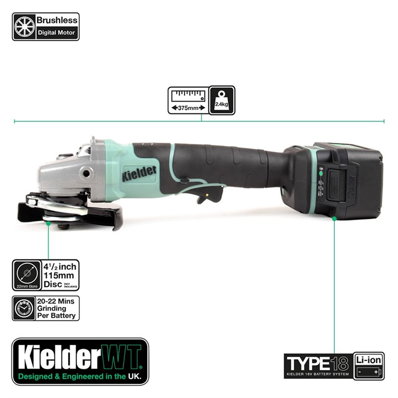 Kielder KWT-013-02 4.1/2” 18V Brushless Angle Grinder with 2 x 5.0Ah Li-ion Batteries, Battery Charger & Carry Case