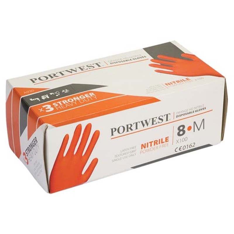 Disposable HD Orange Nitrile Gloves, Size 8 (Medium), Pk 100 